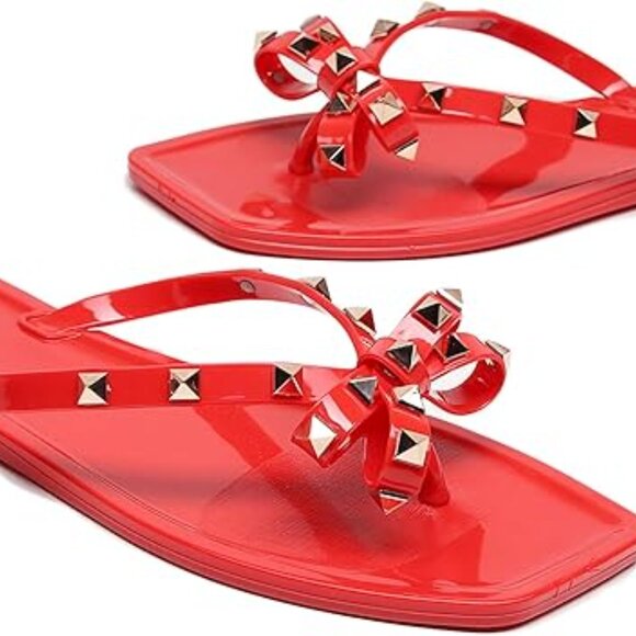 Womens Size 9 Studded Bow Jelly Thong Slides Square Toe Sandals Rivets Red - Picture 7 of 10